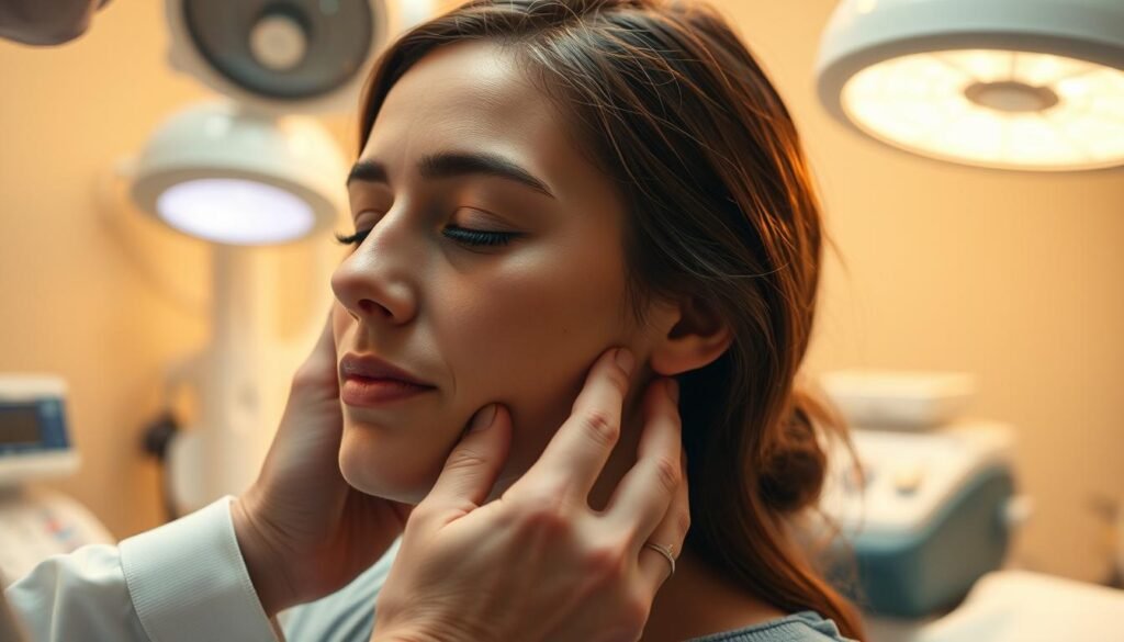 A healthcare worker gently manipulating a patient's inner ear, expertly guiding the displaced otoliths back into their proper position. The procedure is carried out under warm, diffused lighting, creating a soothing, clinical atmosphere. The patient's face is calm and trusting, their eyes closed as the practitioner's skilled fingers delicately restore balance to the vestibular system. In the background, medical equipment and sterile surfaces suggest a clean, professional setting dedicated to the patient's wellbeing. This scene captures the care and attention required in the aftermath of an Epley maneuver, ensuring the patient's comfort and the successful resolution of their benign paroxysmal positional vertigo. A healthcare worker gently manipulating a patient's inner ear, expertly guiding the displaced otoliths back into their proper position. The procedure is carried out under warm, diffused lighting, creating a soothing, clinical atmosphere. The patient's face is calm and trusting, their eyes closed as the practitioner's skilled fingers delicately restore balance to the vestibular system. In the background, medical equipment and sterile surfaces suggest a clean, professional setting dedicated to the patient's wellbeing. This scene captures the care and attention required in the aftermath of an Epley maneuver, ensuring the patient's comfort and the successful resolution of their benign paroxysmal positional vertigo.