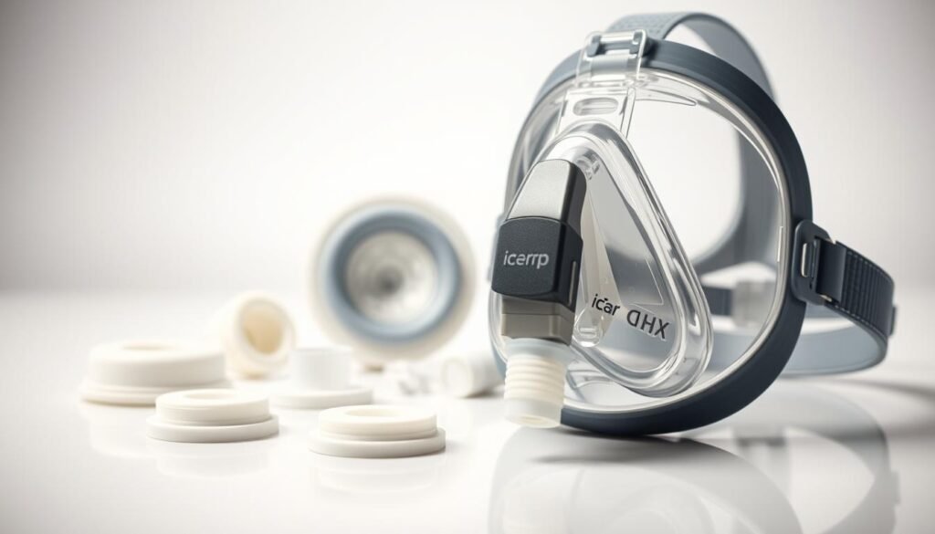 A high-quality close-up view of an iCareCPAP sleep apnea mask and its replacement components. The mask is shown in the foreground, with detailed textures and materials visible. The middle ground features a selection of replacement parts, such as new cushions and headgear. The background is softly blurred, creating a clean, clinical atmosphere. The lighting is soft and even, highlighting the design and functionality of the mask. The overall mood is one of medical professionalism and attention to detail, reflecting the importance of proper mask maintenance and replacement. A high-quality close-up view of an iCareCPAP sleep apnea mask and its replacement components. The mask is shown in the foreground, with detailed textures and materials visible. The middle ground features a selection of replacement parts, such as new cushions and headgear. The background is softly blurred, creating a clean, clinical atmosphere. The lighting is soft and even, highlighting the design and functionality of the mask. The overall mood is one of medical professionalism and attention to detail, reflecting the importance of proper mask maintenance and replacement.