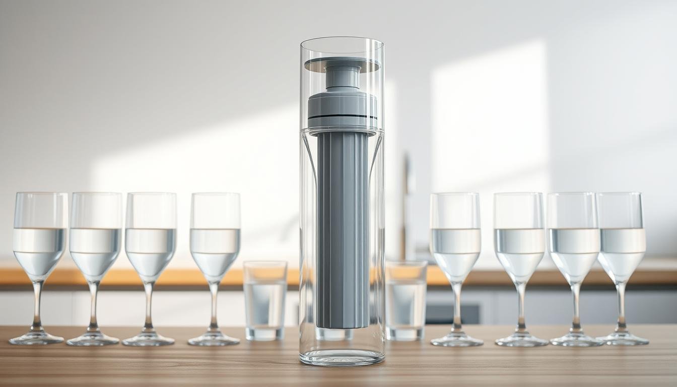 A modern, minimalist water purifier system set against a bright, airy backdrop. In the foreground, a sleek, cylindrical water filter housing with a clear acrylic body, showcasing the inner workings. Surrounding it, an array of clean, filtered water glasses, conveying the solution's effectiveness. In the middle ground, a simple, wooden countertop with a streamlined tap, mirroring the purifier's aesthetic. In the background, a softly-lit, white-washed wall, creating a sense of purity and serenity. The lighting is natural and diffused, highlighting the transparency of the filter and the clarity of the water. The overall composition emphasizes the water purifier's elegant design and its ability to provide a practical, high-quality solution to common water quality issues.