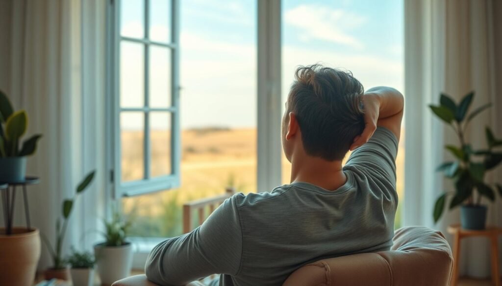 A peaceful, natural scene with a person engaged in a calming daily routine to help alleviate tinnitus. The foreground features a person sitting comfortably in a well-lit room, practicing gentle neck and shoulder stretches. The middle ground shows calming houseplants and an open window overlooking a serene garden. The background depicts a soft, warm-toned landscape with a clear blue sky and wisps of clouds. The lighting is soft and diffused, creating a tranquil, soothing atmosphere. The overall composition conveys a sense of relaxation and mindfulness as an effective method for managing tinnitus symptoms. A peaceful, natural scene with a person engaged in a calming daily routine to help alleviate tinnitus. The foreground features a person sitting comfortably in a well-lit room, practicing gentle neck and shoulder stretches. The middle ground shows calming houseplants and an open window overlooking a serene garden. The background depicts a soft, warm-toned landscape with a clear blue sky and wisps of clouds. The lighting is soft and diffused, creating a tranquil, soothing atmosphere. The overall composition conveys a sense of relaxation and mindfulness as an effective method for managing tinnitus symptoms.