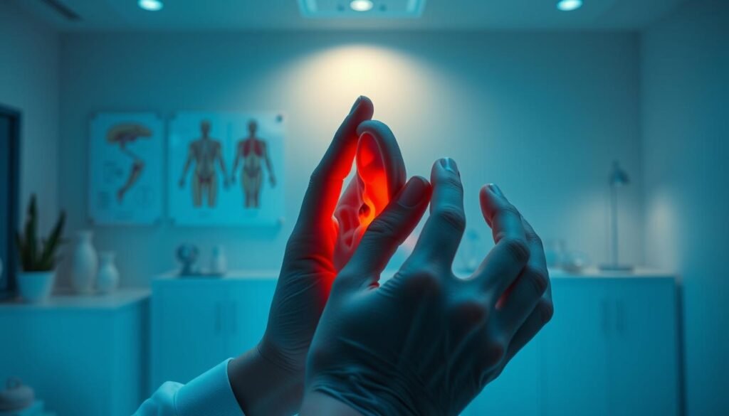 A serene scene of a human ear undergoing physical therapy, with a gentle blue-hued lighting casting a calming ambiance. In the foreground, a therapist's hands delicately manipulate the patient's ear, applying precise pressure and techniques to alleviate the symptoms of tinnitus. The middle ground features anatomical diagrams and models, illustrating the underlying scientific principles behind this treatment approach. The background showcases a tranquil, minimalist medical office setting, projecting a sense of professionalism and medical expertise. This image aims to convey the scientific rigor and therapeutic efficacy of this physical therapy-based solution for resolving the troubling condition of tinnitus. A serene scene of a human ear undergoing physical therapy, with a gentle blue-hued lighting casting a calming ambiance. In the foreground, a therapist's hands delicately manipulate the patient's ear, applying precise pressure and techniques to alleviate the symptoms of tinnitus. The middle ground features anatomical diagrams and models, illustrating the underlying scientific principles behind this treatment approach. The background showcases a tranquil, minimalist medical office setting, projecting a sense of professionalism and medical expertise. This image aims to convey the scientific rigor and therapeutic efficacy of this physical therapy-based solution for resolving the troubling condition of tinnitus.