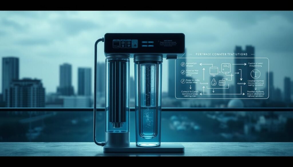 A stylized, technically accurate illustration of a water purification system. A sleek, high-tech water filtration unit sits prominently in the foreground, its intricate inner workings visible through a transparent housing. In the middle ground, schematic diagrams depict the purification process, with arrows and labels explaining the removal of contaminants. The background features a cityscape with modern buildings, hinting at the urban setting where such solutions are needed. The overall mood is one of sophisticated, cutting-edge technology solving a common environmental challenge. Cinematic lighting and a slightly futuristic, minimalist aesthetic create a sense of confidence in the effectiveness of this water treatment solution. A stylized, technically accurate illustration of a water purification system. A sleek, high-tech water filtration unit sits prominently in the foreground, its intricate inner workings visible through a transparent housing. In the middle ground, schematic diagrams depict the purification process, with arrows and labels explaining the removal of contaminants. The background features a cityscape with modern buildings, hinting at the urban setting where such solutions are needed. The overall mood is one of sophisticated, cutting-edge technology solving a common environmental challenge. Cinematic lighting and a slightly futuristic, minimalist aesthetic create a sense of confidence in the effectiveness of this water treatment solution.