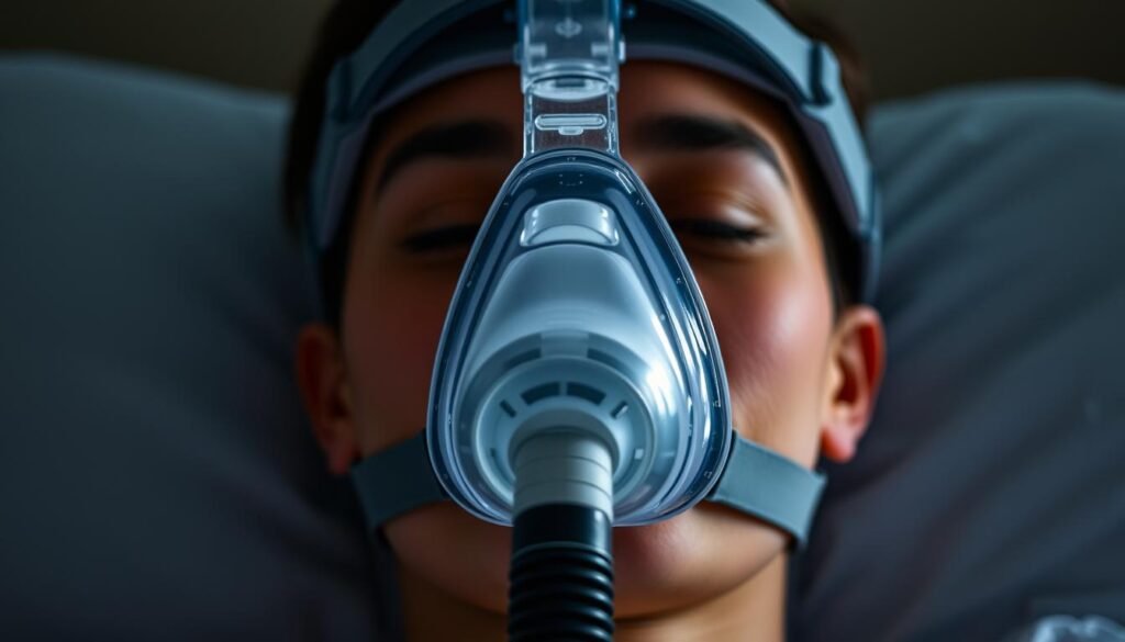 A well-lit, high-resolution close-up view of a modern iCareCPAP full-face CPAP mask. The mask features a soft, flexible silicone cushion that gently seals around the nose and mouth, providing a comfortable and secure fit. The headgear is adjustable with padded straps to evenly distribute pressure. The mask is shown in a neutral, relaxed position, ready for the user to adjust the fit and tightness for optimal sleep apnea therapy. The lighting highlights the mask's sleek, ergonomic design and high-quality construction. The image conveys a sense of ease and simplicity in using the CPAP equipment. A well-lit, high-resolution close-up view of a modern iCareCPAP full-face CPAP mask. The mask features a soft, flexible silicone cushion that gently seals around the nose and mouth, providing a comfortable and secure fit. The headgear is adjustable with padded straps to evenly distribute pressure. The mask is shown in a neutral, relaxed position, ready for the user to adjust the fit and tightness for optimal sleep apnea therapy. The lighting highlights the mask's sleek, ergonomic design and high-quality construction. The image conveys a sense of ease and simplicity in using the CPAP equipment.