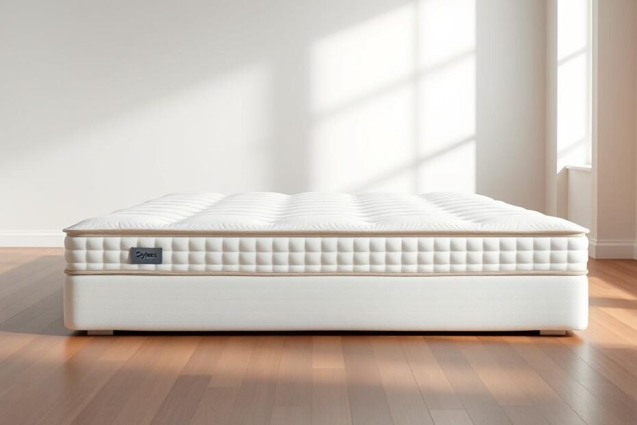 An elegant, contemporary independent pocket spring mattress from the StylesMaven brand. A high-quality, supportive mattress with individually wrapped coils that conform to the body's contours, evenly distributing weight and pressure. Showcased in a minimalist studio setting with soft, diffused natural lighting illuminating the clean, crisp white fabric and sleek, modern design. Subtle reflections on a hardwood floor create a sense of depth and dimension. The mattress is the focal point, presented in a serene, airy atmosphere that emphasizes its premium construction and comfort.