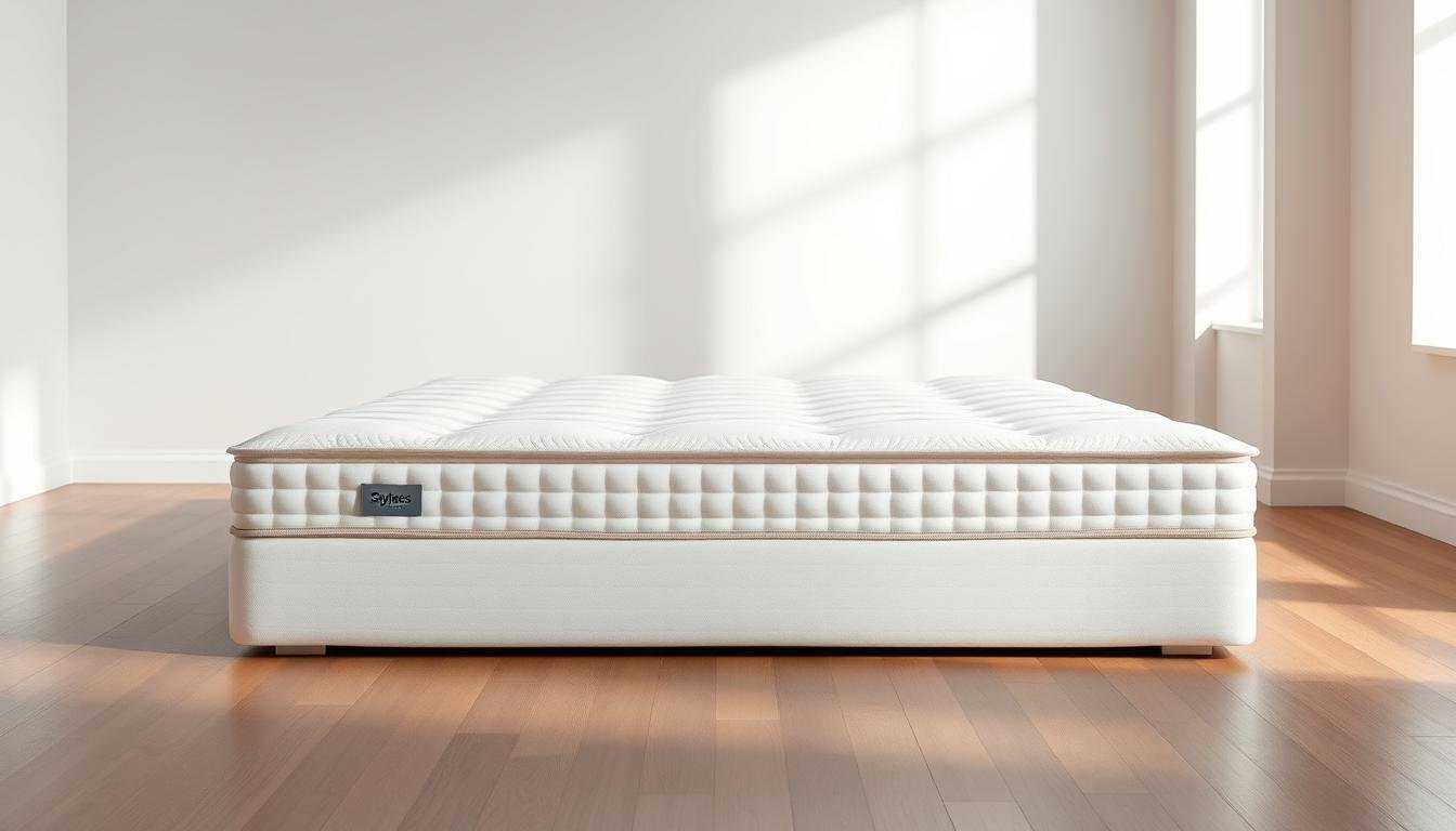 An elegant, contemporary independent pocket spring mattress from the StylesMaven brand. A high-quality, supportive mattress with individually wrapped coils that conform to the body's contours, evenly distributing weight and pressure. Showcased in a minimalist studio setting with soft, diffused natural lighting illuminating the clean, crisp white fabric and sleek, modern design. Subtle reflections on a hardwood floor create a sense of depth and dimension. The mattress is the focal point, presented in a serene, airy atmosphere that emphasizes its premium construction and comfort.