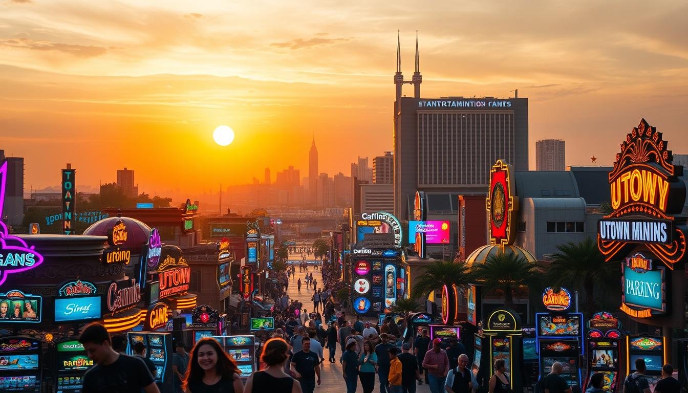 An expansive, vibrant landscape depicting the UTown Entertainment City, with its towering neon-lit structures and bustling streets. In the foreground, a group of people engage in various gaming activities, their faces alight with excitement. The middle ground showcases the diverse array of gaming establishments, each with its unique architectural style and signage. In the background, a stunning skyline rises, framed by a warm, golden-hued sunset that casts a soft, inviting glow over the entire scene. The image conveys a sense of energy, entertainment, and the thrill of gaming within the UTown Entertainment City.