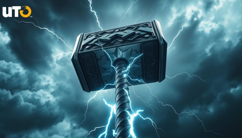 A breathtaking image of the legendary "Thor's Hammer" from the UTown game platform. Set against a majestic backdrop of stormy skies, the hammer's intricate details and metallic sheen are captured in stunning clarity. Beams of electrifying energy crackle around the weapon, hinting at its immense power. The perspective places the viewer in awe, gazing up at the imposing artifact as it hovers above, ready to be wielded by the mighty Thor himself. The lighting casts dramatic shadows, evoking a sense of both might and mystery. This visually captivating representation of the "Thor's Hammer" trial version encapsulates the game's awe-inspiring and immersive gameplay experience. A breathtaking image of the legendary "Thor's Hammer" from the UTown game platform. Set against a majestic backdrop of stormy skies, the hammer's intricate details and metallic sheen are captured in stunning clarity. Beams of electrifying energy crackle around the weapon, hinting at its immense power. The perspective places the viewer in awe, gazing up at the imposing artifact as it hovers above, ready to be wielded by the mighty Thor himself. The lighting casts dramatic shadows, evoking a sense of both might and mystery. This visually captivating representation of the "Thor's Hammer" trial version encapsulates the game's awe-inspiring and immersive gameplay experience.