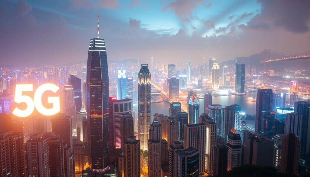 A bustling cityscape of Hong Kong, illuminated by the glow of a robust 5G network. In the foreground, the Telecombrother logo shines brightly, representing the cutting-edge technology powering the city's digital landscape. The middle ground is alive with towering skyscrapers, their glass facades reflecting the vibrant night sky. In the background, a panoramic view of the iconic Hong Kong skyline, with its distinctive peaks and bridges, creating a sense of scale and grandeur. The image is bathed in a warm, futuristic light, conveying the seamless integration of 5G connectivity within the urban fabric. A bustling cityscape of Hong Kong, illuminated by the glow of a robust 5G network. In the foreground, the Telecombrother logo shines brightly, representing the cutting-edge technology powering the city's digital landscape. The middle ground is alive with towering skyscrapers, their glass facades reflecting the vibrant night sky. In the background, a panoramic view of the iconic Hong Kong skyline, with its distinctive peaks and bridges, creating a sense of scale and grandeur. The image is bathed in a warm, futuristic light, conveying the seamless integration of 5G connectivity within the urban fabric.