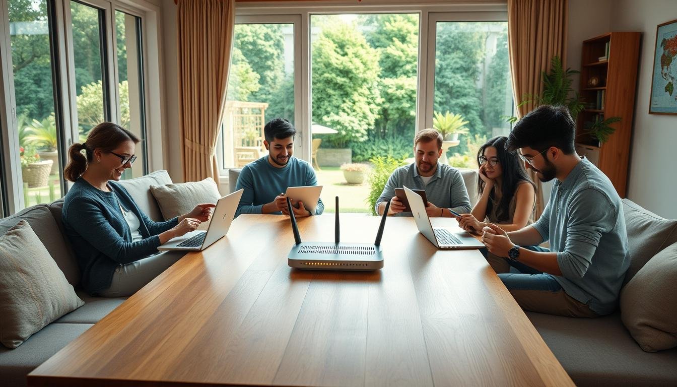 A cozy home interior with a Telecombrother router sitting prominently on a minimalist wooden table. The living room is bathed in warm, natural lighting, with large windows offering a picturesque view of a lush, verdant garden outside. Family members of various ages are gathered around the table, engaged in animated discussions, laptops and tablets in hand, seamlessly connected to the high-speed internet provided by the Telecombrother router. The atmosphere is one of comfort, productivity, and a sense of digital togetherness, reflecting the varied online activities and needs of the household.
