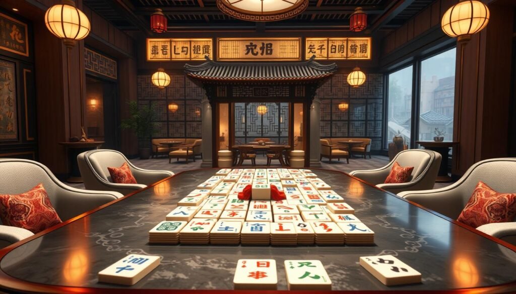 A detailed, immersive game interface for the classic Chinese tile-based game of Mahjong, featuring a sleek, modern UTown design. The table is elegantly arranged with the traditional Mahjong tiles, surrounded by stylized player seating. Soft, ambient lighting creates a cozy, inviting atmosphere, while the background seamlessly blends Eastern architectural elements with a contemporary aesthetic. The camera angle offers a dynamic, three-quarter perspective, capturing the dynamic interplay of the game pieces and the players' expressions as they strategize their moves. An engaging, visually striking representation of the PG電子 Mahjong game experience. A detailed, immersive game interface for the classic Chinese tile-based game of Mahjong, featuring a sleek, modern UTown design. The table is elegantly arranged with the traditional Mahjong tiles, surrounded by stylized player seating. Soft, ambient lighting creates a cozy, inviting atmosphere, while the background seamlessly blends Eastern architectural elements with a contemporary aesthetic. The camera angle offers a dynamic, three-quarter perspective, capturing the dynamic interplay of the game pieces and the players' expressions as they strategize their moves. An engaging, visually striking representation of the PG電子 Mahjong game experience.