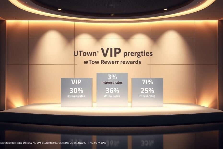 A detailed infographic showcasing the different VIP levels and their respective "UTown Rewards" interest rates, ranging from 3% to 8%. The scene depicts a sleek, minimalist interior with a central podium displaying the VIP levels and their corresponding interest rates. The podium is illuminated by warm, ambient lighting, casting subtle shadows that add depth and dimension. The background features a clean, geometric pattern that subtly reinforces the luxurious and sophisticated atmosphere of the UTown entertainment complex. The overall visual style is polished, modern, and data-driven, reflecting the precise and informative nature of the content.