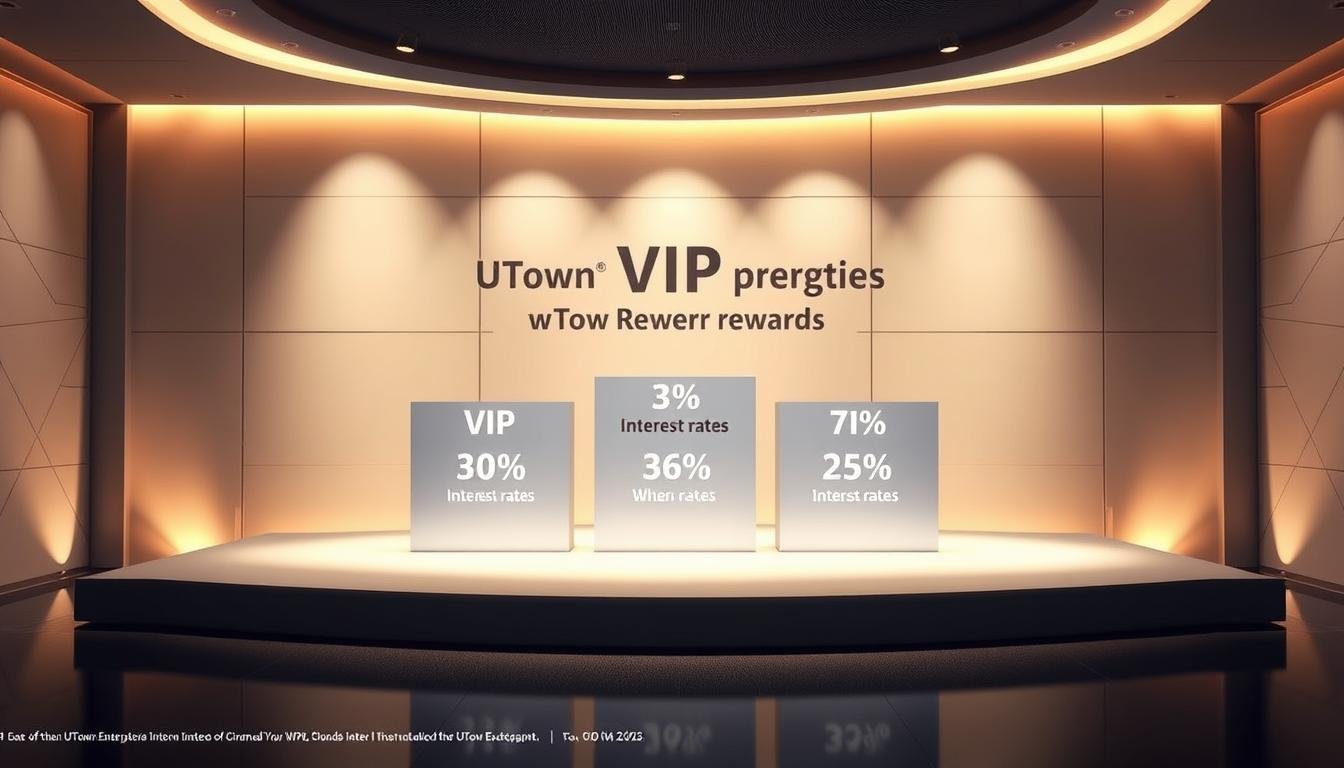 A detailed infographic showcasing the different VIP levels and their respective "UTown Rewards" interest rates, ranging from 3% to 8%. The scene depicts a sleek, minimalist interior with a central podium displaying the VIP levels and their corresponding interest rates. The podium is illuminated by warm, ambient lighting, casting subtle shadows that add depth and dimension. The background features a clean, geometric pattern that subtly reinforces the luxurious and sophisticated atmosphere of the UTown entertainment complex. The overall visual style is polished, modern, and data-driven, reflecting the precise and informative nature of the content.