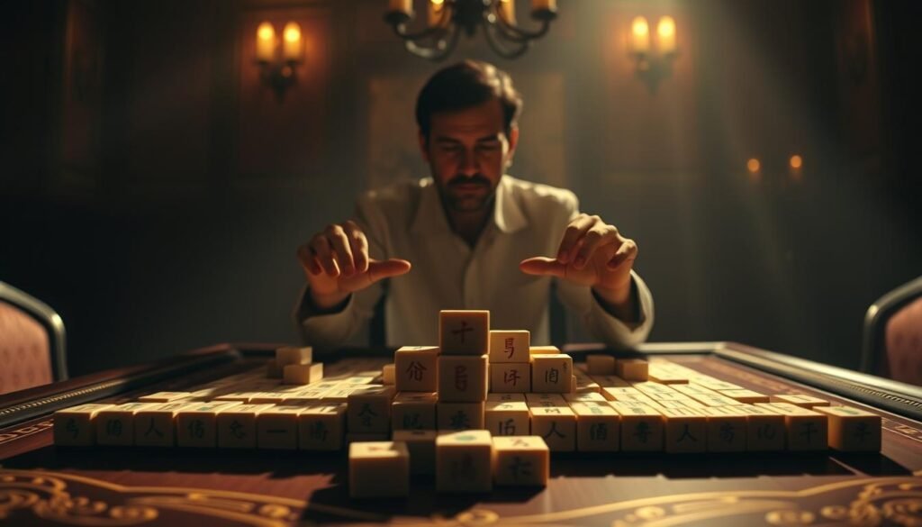 A dimly lit, elegant room with a mahjongg table at the center. UTown-branded mahjongg tiles are carefully arranged, signifying a skilled player's winning move. Soft, warm lighting casts dramatic shadows, heightening the tension and strategic depth of the game. The player's hands hover over the tiles, their expression one of focused concentration. The atmosphere is one of refined sophistication and intellectual challenge, reflecting the "advanced techniques and strategies" of the game. A dimly lit, elegant room with a mahjongg table at the center. UTown-branded mahjongg tiles are carefully arranged, signifying a skilled player's winning move. Soft, warm lighting casts dramatic shadows, heightening the tension and strategic depth of the game. The player's hands hover over the tiles, their expression one of focused concentration. The atmosphere is one of refined sophistication and intellectual challenge, reflecting the "advanced techniques and strategies" of the game.