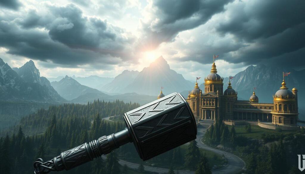 A dramatic, highly detailed rendering of the "UTown Thor's Hammer" demo version, showcasing the iconic hammer in a captivating, cinematic setting. The hammer rests prominently in the foreground, its intricate metallic details glistening under dramatic lighting. The middle ground features a sweeping, awe-inspiring fantasy landscape with towering mountains, lush forests, and a stormy sky filled with ominous clouds. The background depicts a majestic Asgardian palace, its grand architecture and golden hues conveying a sense of power and grandeur. The overall scene evokes a sense of wonder, adventure, and the mythical essence of the Thor's Hammer experience. A dramatic, highly detailed rendering of the "UTown Thor's Hammer" demo version, showcasing the iconic hammer in a captivating, cinematic setting. The hammer rests prominently in the foreground, its intricate metallic details glistening under dramatic lighting. The middle ground features a sweeping, awe-inspiring fantasy landscape with towering mountains, lush forests, and a stormy sky filled with ominous clouds. The background depicts a majestic Asgardian palace, its grand architecture and golden hues conveying a sense of power and grandeur. The overall scene evokes a sense of wonder, adventure, and the mythical essence of the Thor's Hammer experience.