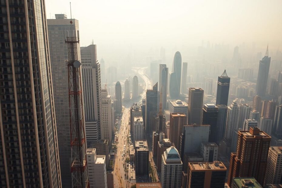 A high-angle aerial shot of a dense urban cityscape, with towering skyscrapers and a bustling street grid below. The scene is bathed in a warm, golden glow, suggesting a clear, sunny day. In the foreground, a Telecombrother 5G network tower stands prominently, its sleek, futuristic design reflecting the latest advancements in wireless technology. The tower's signals radiate outward, representing the extensive 5G coverage across the city. The middle ground features a mix of residential and commercial buildings, each with their own unique architectural styles, conveying the diversity of Hong Kong's urban landscape. In the background, a hazy skyline fades into the distance, emphasizing the scale and scope of the 5G network's reach. The overall atmosphere is one of progress, connectivity, and the seamless integration of cutting-edge technology into the fabric of the city.