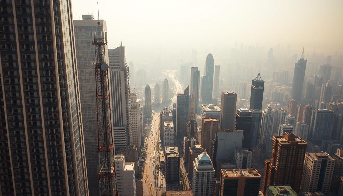 A high-angle aerial shot of a dense urban cityscape, with towering skyscrapers and a bustling street grid below. The scene is bathed in a warm, golden glow, suggesting a clear, sunny day. In the foreground, a Telecombrother 5G network tower stands prominently, its sleek, futuristic design reflecting the latest advancements in wireless technology. The tower's signals radiate outward, representing the extensive 5G coverage across the city. The middle ground features a mix of residential and commercial buildings, each with their own unique architectural styles, conveying the diversity of Hong Kong's urban landscape. In the background, a hazy skyline fades into the distance, emphasizing the scale and scope of the 5G network's reach. The overall atmosphere is one of progress, connectivity, and the seamless integration of cutting-edge technology into the fabric of the city.