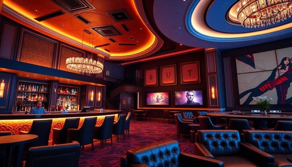 A lush, vibrant interior of the UTown entertainment complex, featuring a sleek and stylish VIP lounge. Plush leather seating, ambient lighting, and a well-stocked bar create an air of exclusivity and luxury. The space is adorned with elegant decor, including intricate wall paneling and modern artwork. Soft, warm tones and clean lines convey a sense of sophistication. The overall atmosphere exudes an inviting and sophisticated ambiance, catering to the discerning tastes of UTown's VIP clientele. A lush, vibrant interior of the UTown entertainment complex, featuring a sleek and stylish VIP lounge. Plush leather seating, ambient lighting, and a well-stocked bar create an air of exclusivity and luxury. The space is adorned with elegant decor, including intricate wall paneling and modern artwork. Soft, warm tones and clean lines convey a sense of sophistication. The overall atmosphere exudes an inviting and sophisticated ambiance, catering to the discerning tastes of UTown's VIP clientele.