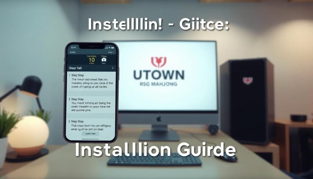 A modern, well-lit installation guide for the UTown RSG Mahjong game. In the foreground, a smartphone displays clear step-by-step instructions, with subtle call-out icons highlighting key actions. The middle ground features the UTown logo and branding, conveying a sense of professionalism and quality. The background showcases a clean, minimalist workspace with a desktop computer, creating an atmosphere of productivity and focus. The overall tone is informative, approachable, and visually appealing, guiding the viewer through the installation process with ease. A modern, well-lit installation guide for the UTown RSG Mahjong game. In the foreground, a smartphone displays clear step-by-step instructions, with subtle call-out icons highlighting key actions. The middle ground features the UTown logo and branding, conveying a sense of professionalism and quality. The background showcases a clean, minimalist workspace with a desktop computer, creating an atmosphere of productivity and focus. The overall tone is informative, approachable, and visually appealing, guiding the viewer through the installation process with ease.