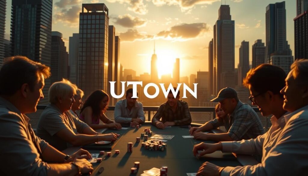 A serene cityscape with skyscrapers and high-rise buildings in the background, bathed in a warm, golden glow from the setting sun. In the foreground, a group of people are gathered around a table, engaged in an intense game. The table is adorned with casino chips, dice, and cards, hinting at a game of chance. The players' expressions convey a sense of anticipation and excitement. The atmosphere is one of strategic thinking and the thrill of risk-taking. In the center of the scene, the UTown logo is prominently displayed, suggesting a gaming hub or casino setting. A serene cityscape with skyscrapers and high-rise buildings in the background, bathed in a warm, golden glow from the setting sun. In the foreground, a group of people are gathered around a table, engaged in an intense game. The table is adorned with casino chips, dice, and cards, hinting at a game of chance. The players' expressions convey a sense of anticipation and excitement. The atmosphere is one of strategic thinking and the thrill of risk-taking. In the center of the scene, the UTown logo is prominently displayed, suggesting a gaming hub or casino setting.