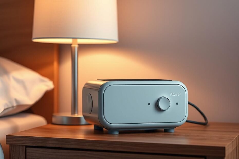 A sleek, portable iCareCPAP sleep apnea machine sits on a wooden nightstand, its modern design and muted colors blending seamlessly with the minimalist bedroom decor. Soft, indirect lighting from a nearby lamp casts a warm glow, highlighting the machine's clean lines and intuitive controls. The device appears compact and lightweight, ready to accompany the user on their nighttime routine. The background features a soothing, neutral-toned wall, creating a calming and relaxing atmosphere. This portable iCareCPAP sleep apnea machine is the perfect companion for the "呼吸機電池續航測試：便攜式睡眠呼吸機實測" section of the article.