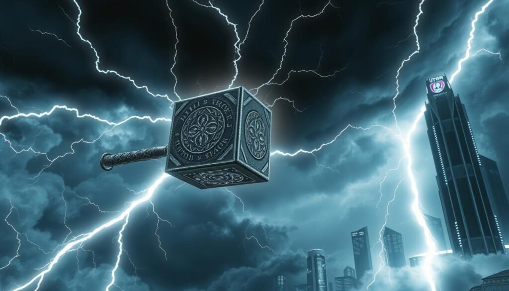 A striking scene of Thor's Hammer, the legendary Mjolnir, hovering amidst a dramatic storm. The hammer is illuminated by intense lightning bolts, casting an ethereal glow against a dark, swirling sky. The foreground features a meticulously detailed rendering of the hammer's intricate metalwork and runes, while the middle ground showcases the sheer power of the storm, with turbulent clouds and flashes of electricity. In the background, a futuristic UTown cityscape stands tall, its sleek, modern architecture juxtaposed with the ancient and mythical elements of the scene. The overall composition conveys a sense of awe, power, and the opportunity to harness the might of the Norse god. A striking scene of Thor's Hammer, the legendary Mjolnir, hovering amidst a dramatic storm. The hammer is illuminated by intense lightning bolts, casting an ethereal glow against a dark, swirling sky. The foreground features a meticulously detailed rendering of the hammer's intricate metalwork and runes, while the middle ground showcases the sheer power of the storm, with turbulent clouds and flashes of electricity. In the background, a futuristic UTown cityscape stands tall, its sleek, modern architecture juxtaposed with the ancient and mythical elements of the scene. The overall composition conveys a sense of awe, power, and the opportunity to harness the might of the Norse god.