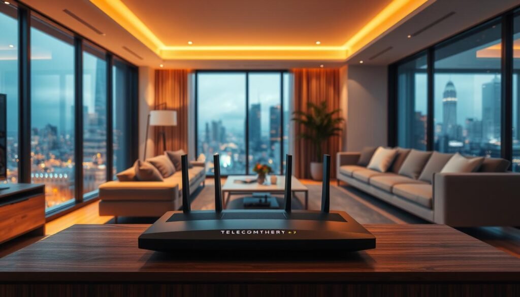 A stylish contemporary living room with a large window showcasing a cityscape, illuminated by warm natural lighting. In the foreground, a modern Telecombrother router sits prominently on a sleek wooden media console, its status lights indicating a strong, reliable broadband connection. The middle ground features a cozy seating area with plush sofas and a minimalist coffee table, creating an inviting atmosphere for a family to enjoy their home internet experience. The background depicts a vibrant urban landscape, hinting at the wide range of online activities and connectivity the Telecombrother broadband plan can support. A stylish contemporary living room with a large window showcasing a cityscape, illuminated by warm natural lighting. In the foreground, a modern Telecombrother router sits prominently on a sleek wooden media console, its status lights indicating a strong, reliable broadband connection. The middle ground features a cozy seating area with plush sofas and a minimalist coffee table, creating an inviting atmosphere for a family to enjoy their home internet experience. The background depicts a vibrant urban landscape, hinting at the wide range of online activities and connectivity the Telecombrother broadband plan can support.