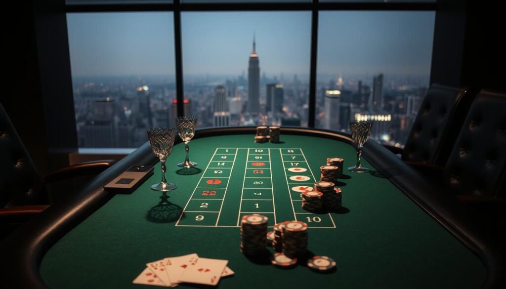 A dimly lit casino table with a green felt surface, the classic baccarat layout clearly defined. On the table, elegant crystal glassware and a sophisticated arrangement of gaming chips in a range of denominations. The table is flanked by high-backed leather chairs, creating an air of exclusivity. Subtle lighting casts dramatic shadows, heightening the tension and anticipation of the game. In the background, a sweeping view of a bustling city skyline, hinting at the high-stakes world of casino gaming. The overall scene conveys the importance and gravity of understanding the intricate rules of baccarat, a game of strategy and chance that has captivated players for centuries. A dimly lit casino table with a green felt surface, the classic baccarat layout clearly defined. On the table, elegant crystal glassware and a sophisticated arrangement of gaming chips in a range of denominations. The table is flanked by high-backed leather chairs, creating an air of exclusivity. Subtle lighting casts dramatic shadows, heightening the tension and anticipation of the game. In the background, a sweeping view of a bustling city skyline, hinting at the high-stakes world of casino gaming. The overall scene conveys the importance and gravity of understanding the intricate rules of baccarat, a game of strategy and chance that has captivated players for centuries.