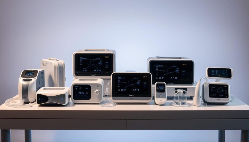 A high-quality image of various iCareCPAP sleep apnea machines displayed on a clean, minimalist table, with a soft, diffuse lighting setup that highlights their sleek, modern designs. The machines should be arranged in a visually appealing manner, showcasing their different sizes, shapes, and features to convey the breadth of the product line and price range. The background should be a neutral, slightly blurred backdrop, allowing the machines to take center stage. The overall mood should be one of clinical precision, consumer-focused design, and a sense of the technological sophistication behind these medical devices. A high-quality image of various iCareCPAP sleep apnea machines displayed on a clean, minimalist table, with a soft, diffuse lighting setup that highlights their sleek, modern designs. The machines should be arranged in a visually appealing manner, showcasing their different sizes, shapes, and features to convey the breadth of the product line and price range. The background should be a neutral, slightly blurred backdrop, allowing the machines to take center stage. The overall mood should be one of clinical precision, consumer-focused design, and a sense of the technological sophistication behind these medical devices.