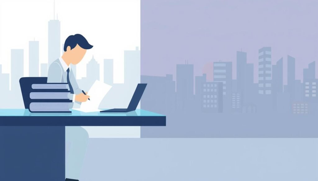 A modern, minimalist illustration of the loan application process. In the foreground, a stylized person fills out loan documents on a sleek, glass-topped desk. The middle ground features a stack of files, a laptop, and a calculator, hinting at the administrative aspects of the loan process. In the background, a subtle cityscape with skyscrapers and a hint of evening light, conveying a sense of urban efficiency and opportunity. The overall mood is professional, streamlined, and focused, reflecting the concept of a straightforward, accessible private lending system. A modern, minimalist illustration of the loan application process. In the foreground, a stylized person fills out loan documents on a sleek, glass-topped desk. The middle ground features a stack of files, a laptop, and a calculator, hinting at the administrative aspects of the loan process. In the background, a subtle cityscape with skyscrapers and a hint of evening light, conveying a sense of urban efficiency and opportunity. The overall mood is professional, streamlined, and focused, reflecting the concept of a straightforward, accessible private lending system.