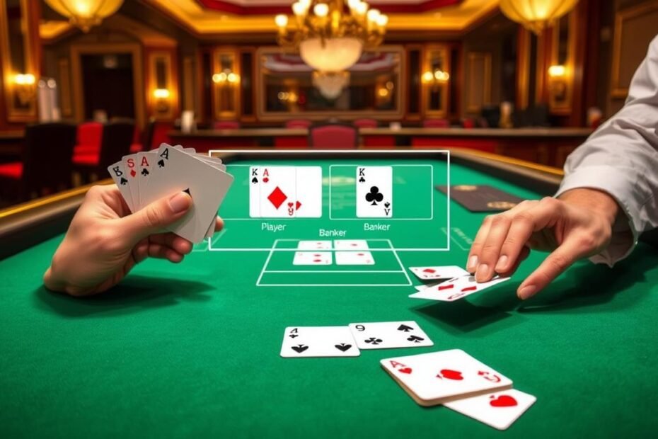 A stylized illustration of the rules of baccarat, a classic casino card game. In the foreground, a dealer's hands dealing cards onto a green felt table, with elegant casino decor and lighting in the background. The middle ground features a display of the key baccarat gameplay elements - the player and banker hands, and the possible bet options. The overall scene conveys a sense of sophistication, strategy, and the thrill of the game, suitable for an informative article on the rules of baccarat.