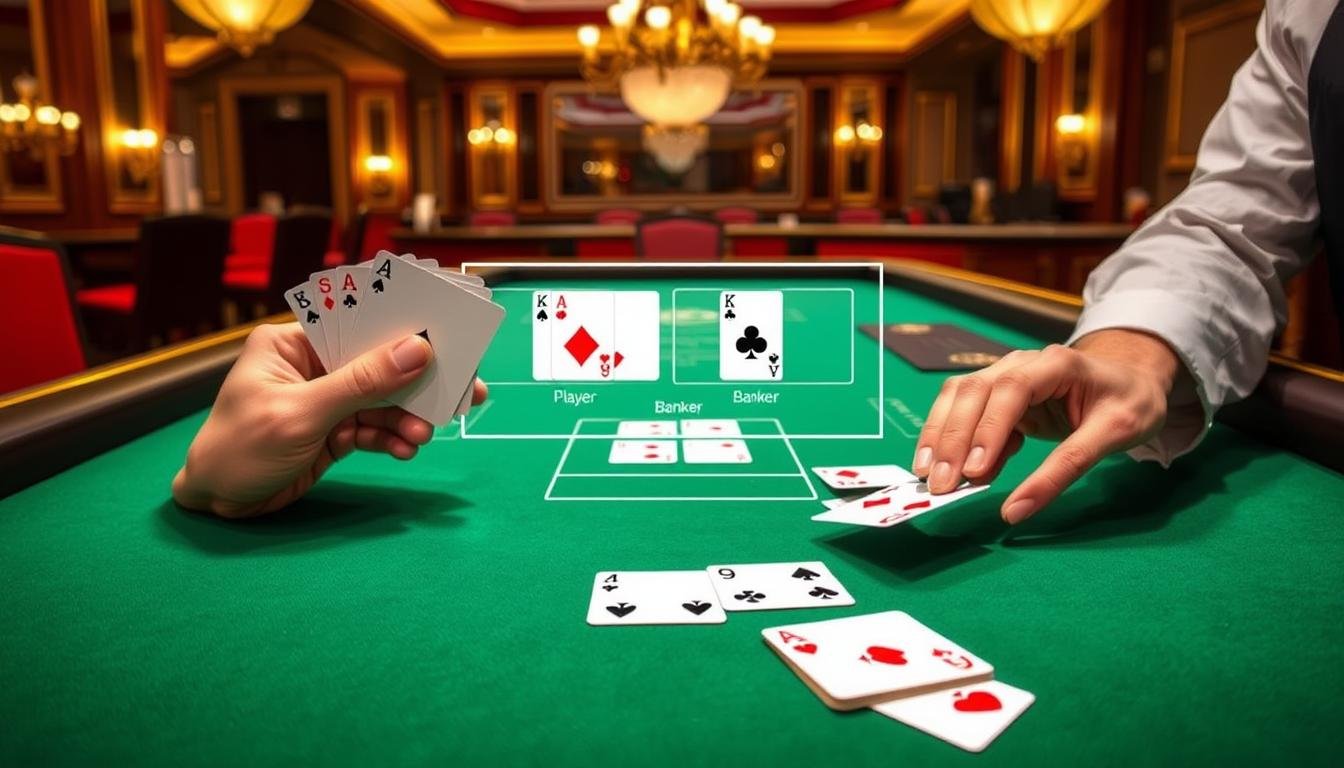A stylized illustration of the rules of baccarat, a classic casino card game. In the foreground, a dealer's hands dealing cards onto a green felt table, with elegant casino decor and lighting in the background. The middle ground features a display of the key baccarat gameplay elements - the player and banker hands, and the possible bet options. The overall scene conveys a sense of sophistication, strategy, and the thrill of the game, suitable for an informative article on the rules of baccarat.