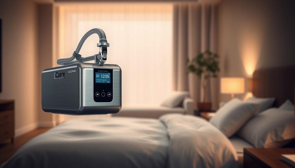 An advanced, sleek iCareCPAP smart sleep apnea machine hovers in the foreground, its brushed aluminum chassis and intuitive digital display gleaming under soft, diffused lighting. In the middle ground, a serene bedroom scene unfolds, with a cozy bed draped in crisp white linens and a nightstand bearing soothing ambient lighting. The background gently fades into a peaceful, minimalist interior, hinting at the machine's seamless integration into a modern, technology-enabled living space. The overall scene conveys a sense of tranquility, comfort, and the latest innovations in sleep therapy technology. An advanced, sleek iCareCPAP smart sleep apnea machine hovers in the foreground, its brushed aluminum chassis and intuitive digital display gleaming under soft, diffused lighting. In the middle ground, a serene bedroom scene unfolds, with a cozy bed draped in crisp white linens and a nightstand bearing soothing ambient lighting. The background gently fades into a peaceful, minimalist interior, hinting at the machine's seamless integration into a modern, technology-enabled living space. The overall scene conveys a sense of tranquility, comfort, and the latest innovations in sleep therapy technology.
