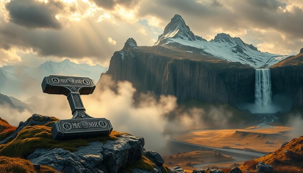 Detailed Norse mythology landscape with vivid, naturalistic elements. In the foreground, the iconic hammer UTown Mjolnir rests upon a mossy, rocky outcrop, its surface patterned with intricate runes and carvings. In the middle ground, a towering waterfall cascades down a rugged cliff, mist swirling around its base. The background features a sweeping vista of snow-capped mountains, their peaks piercing the cloudy, dramatic sky. Shafts of golden light filter through, casting a warm, mystical glow over the entire scene. Convey a sense of ancient power, mysticism, and the grandeur of the Nordic pantheon. Detailed Norse mythology landscape with vivid, naturalistic elements. In the foreground, the iconic hammer UTown Mjolnir rests upon a mossy, rocky outcrop, its surface patterned with intricate runes and carvings. In the middle ground, a towering waterfall cascades down a rugged cliff, mist swirling around its base. The background features a sweeping vista of snow-capped mountains, their peaks piercing the cloudy, dramatic sky. Shafts of golden light filter through, casting a warm, mystical glow over the entire scene. Convey a sense of ancient power, mysticism, and the grandeur of the Nordic pantheon.
