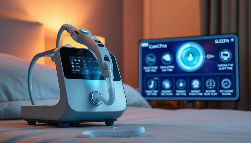 A sleek, modern iCareCPAP machine, its elegant design illuminated by soft, ambient lighting. The device's cutting-edge sensors and algorithms monitor the user's breathing patterns, adjusting airflow in real-time for optimal therapy. In the background, a digital display showcases the device's intelligent features, from customizable settings to integrated sleep tracking. The overall scene conveys a sense of technological sophistication and personalized healthcare, reflecting the innovation and precision of the latest sleep apnea treatment solutions.