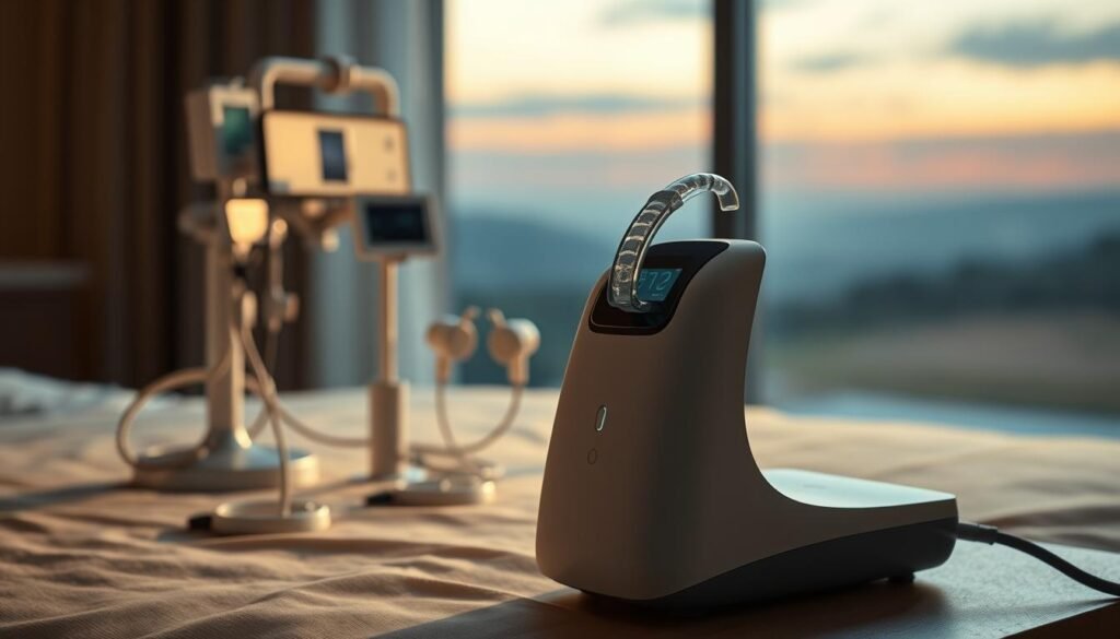 A stylish and modern iCareCPAP sleep apnea machine, elegantly designed with sleek lines and a minimalist aesthetic. The device is shown in the foreground, backlit by a soft, diffused light that creates a warm, ambient atmosphere. In the middle ground, there are various medical sensors and monitoring equipment, hinting at the advanced technological capabilities of the machine. The background features a serene, blurred landscape, suggesting the calming and restorative nature of the sleep apnea treatment. The overall composition conveys a sense of sophistication, comfort, and the seamless integration of technology into the user's daily life.