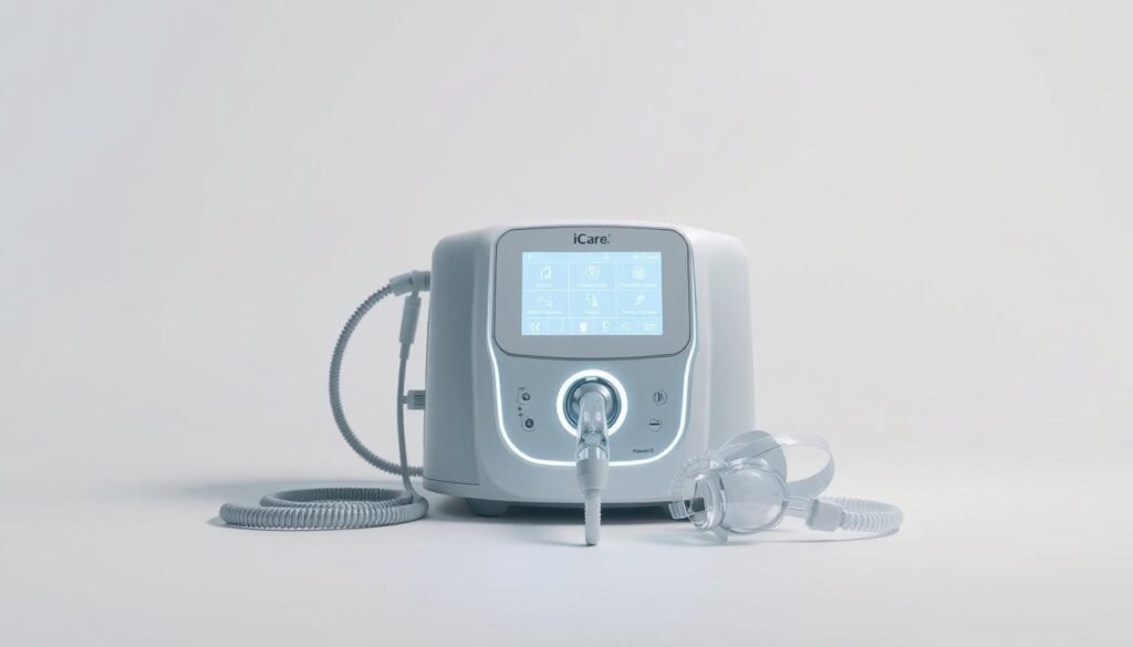 A high-quality, realistic image of the iCareCPAP sleep apnea machine. The device is depicted in a minimalist, well-lit studio setting, with a clean, white background. The machine is shown in the foreground, its sleek and modern design prominently displayed. The display panel is illuminated, showcasing the intuitive user interface. The machine is accompanied by various accessories, such as the air tubing and face mask, neatly arranged around it. The image conveys a sense of advanced medical technology and the device's potential to improve the quality of life for sleep apnea patients. A high-quality, realistic image of the iCareCPAP sleep apnea machine. The device is depicted in a minimalist, well-lit studio setting, with a clean, white background. The machine is shown in the foreground, its sleek and modern design prominently displayed. The display panel is illuminated, showcasing the intuitive user interface. The machine is accompanied by various accessories, such as the air tubing and face mask, neatly arranged around it. The image conveys a sense of advanced medical technology and the device's potential to improve the quality of life for sleep apnea patients.