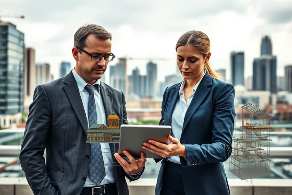 A professional team conducting a site risk assessment in an urban environment. In the foreground, two experts in business attire, a male and a female, are examining a digital tablet, deeply engaged in discussion, with a cityscape behind them. The middle layer features a detailed construction site with various risk factors illustrated, such as site hazards, potential security issues, and environmental assessments. The background showcases a skyline with modern buildings under a slightly overcast sky, creating a serious yet focused atmosphere. Soft, natural lighting illuminates the scene, highlighting the professionals’ expressions of concentration. The composition should have a slightly elevated angle, giving a broad perspective of the site and its challenges, emphasizing the importance of thorough risk evaluation in security planning.