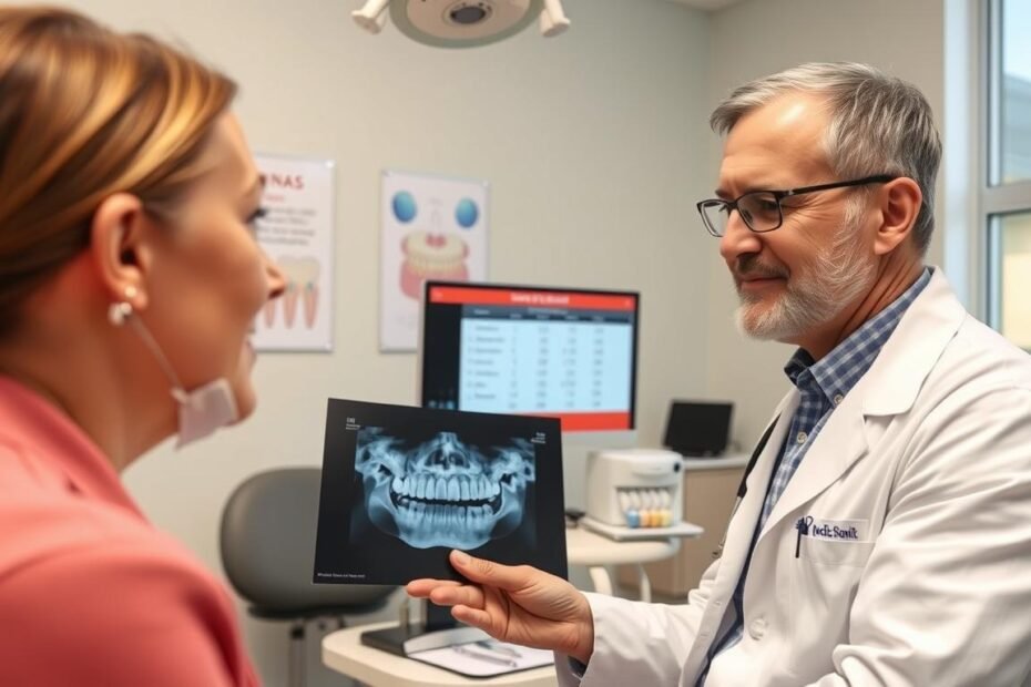 A dental clinic interior showcasing a professional dental consultation environment focused on wisdom tooth extraction pricing assessment. In the foreground, an experienced dentist in a white coat examines an x-ray of a patient's mouth, displaying impacted wisdom teeth, with a thoughtful expression. The middle ground features an organized desk with dental tools, a computer displaying pricing charts and factors influencing extraction costs, and a model of teeth for demonstration purposes. The background shows calming pastel-colored walls adorned with dental posters and a large window letting in natural light, creating a welcoming atmosphere. The scene is captured with soft, even lighting, and a slightly angled perspective for depth. Overall, the mood is informative and professional, emphasizing the importance of understanding wisdom tooth extraction factors.