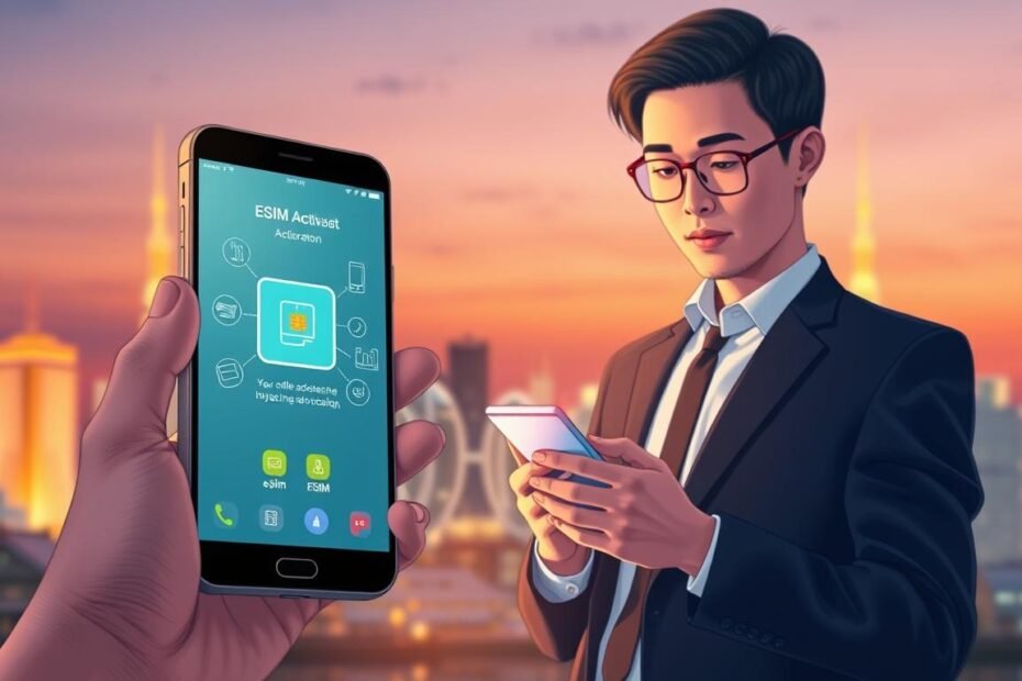 A detailed illustration showcasing a concept of eSIM solutions for mobile data backup in Japan. In the foreground, feature a close-up of a sleek smartphone displaying an eSIM activation screen, with clear icons and vivid colors. The middle ground should depict a business professional in smart attire, confidently using the phone while surrounded by faint outlines of popular Japanese cityscapes, blending modernity and technology. In the background, soft lights illuminate an urban skyline at dusk, conveying a sense of reliability and connectivity. Use a warm color palette to evoke an inviting atmosphere, with a slightly blurred depth of field for focus on the foreground elements. The lighting should be soft yet bright, enhancing the futuristic tech vibe without any text or overlaid elements.