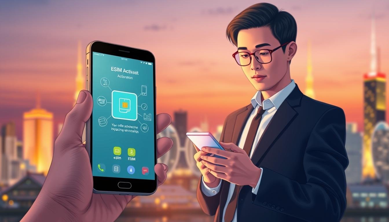 A detailed illustration showcasing a concept of eSIM solutions for mobile data backup in Japan. In the foreground, feature a close-up of a sleek smartphone displaying an eSIM activation screen, with clear icons and vivid colors. The middle ground should depict a business professional in smart attire, confidently using the phone while surrounded by faint outlines of popular Japanese cityscapes, blending modernity and technology. In the background, soft lights illuminate an urban skyline at dusk, conveying a sense of reliability and connectivity. Use a warm color palette to evoke an inviting atmosphere, with a slightly blurred depth of field for focus on the foreground elements. The lighting should be soft yet bright, enhancing the futuristic tech vibe without any text or overlaid elements.