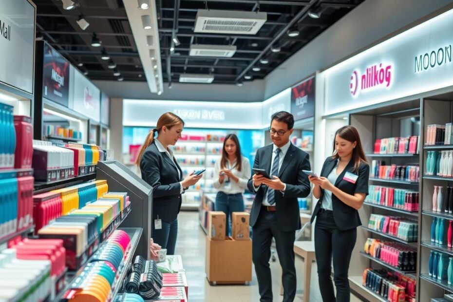 A vibrant, modern shopping environment in the Moon River Mall, showcasing a dedicated section for health-conscious consumers exploring sex toys. In the foreground, display a variety of elegantly packaged, colorful products arranged neatly on display shelves, emphasizing their hygiene and usability. In the middle, a well-lit aisle, with customers—professional individuals in business casual attire—browsing thoughtfully, holding products and discussing options with an engaging store associate. The background features subtle branding elements of the Moon River Mall, with soft lighting and inviting decor that promotes a safe shopping atmosphere. The overall mood is informative and relaxed, encouraging open discussions about health and wellness in a contemporary retail setting.