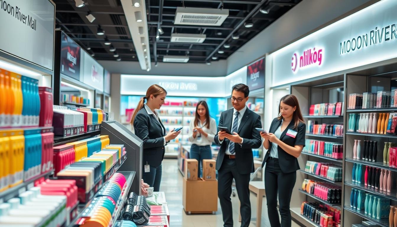 A vibrant, modern shopping environment in the Moon River Mall, showcasing a dedicated section for health-conscious consumers exploring sex toys. In the foreground, display a variety of elegantly packaged, colorful products arranged neatly on display shelves, emphasizing their hygiene and usability. In the middle, a well-lit aisle, with customers—professional individuals in business casual attire—browsing thoughtfully, holding products and discussing options with an engaging store associate. The background features subtle branding elements of the Moon River Mall, with soft lighting and inviting decor that promotes a safe shopping atmosphere. The overall mood is informative and relaxed, encouraging open discussions about health and wellness in a contemporary retail setting.