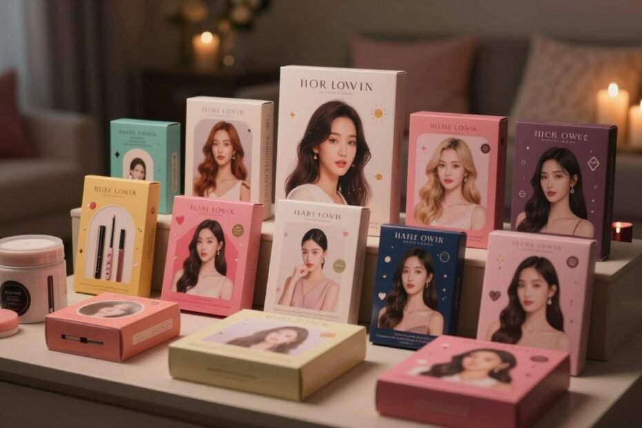 A beautifully arranged display of adult novelty items inspired by popular actress recommendations, showcasing various high-quality products. In the foreground, elegant and tasteful packaging of these items, each labeled with stylish designs. The middle ground features vibrant colors and diverse shapes that evoke curiosity, complemented by soft lighting to create a warm, inviting atmosphere. In the background, a cozy, intimate setting with romantic decor, including candles and plush fabrics, enhancing the mood with a cinematic vibe. Shot in a 4:3 aspect ratio, utilizing a soft focus lens to highlight the products while maintaining a professional and modest aesthetic, suitable for a discerning audience. The overall feel is one of sophistication and exploration in the realm of adult products.
