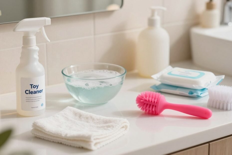 A clean and well-organized workspace featuring a variety of cleaning tools and materials specifically designed for maintaining adult toys. In the foreground, display a sleek spray bottle labeled “Toy Cleaner,” a soft microfiber cloth, and a compact cleaning brush. The middle ground includes a small bowl of warm water with soap bubbles and an assortment of gentle cleaning wipes. The background should show a serene bathroom setting with soft, warm lighting, hinting at a cozy and intimate atmosphere. Use a slightly angled perspective to capture depth, ensuring everything looks inviting yet professional. The overall feel should be calm and approachable, promoting cleanliness and care in a soothing environment, all presented in a 4:3 aspect ratio.