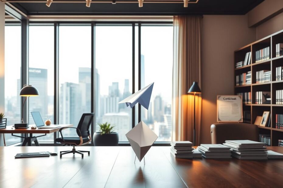 A balanced comparison image depicting the advantages of renting a company address versus commercial registration address. In the foreground, present two distinct office setups: on the left, a modern, sleek office with a warm desk lamp illuminating a professional workspace filled with business documents and a laptop, showcasing the rented address. On the right, a more traditional office with bookshelves and a formal registration certificate, highlighting the commercial address. In the middle ground, include elements like a paper airplane symbolizing efficient communication or envelopes being sorted. The background portrays a city skyline through large windows, bathed in soft, natural daylight, creating a motivational atmosphere. Employ a wide-angle perspective to capture both setups harmoniously. The overall mood should be professional and inspiring, ideal for illustrating business advantages.