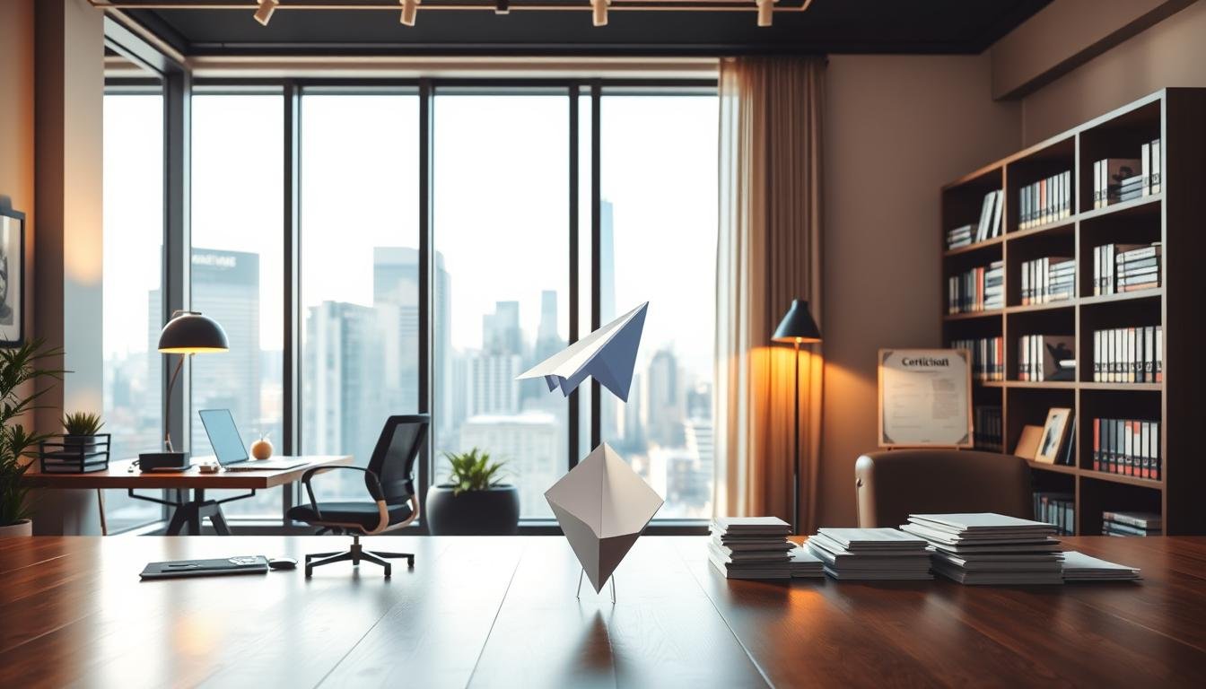 A balanced comparison image depicting the advantages of renting a company address versus commercial registration address. In the foreground, present two distinct office setups: on the left, a modern, sleek office with a warm desk lamp illuminating a professional workspace filled with business documents and a laptop, showcasing the rented address. On the right, a more traditional office with bookshelves and a formal registration certificate, highlighting the commercial address. In the middle ground, include elements like a paper airplane symbolizing efficient communication or envelopes being sorted. The background portrays a city skyline through large windows, bathed in soft, natural daylight, creating a motivational atmosphere. Employ a wide-angle perspective to capture both setups harmoniously. The overall mood should be professional and inspiring, ideal for illustrating business advantages.