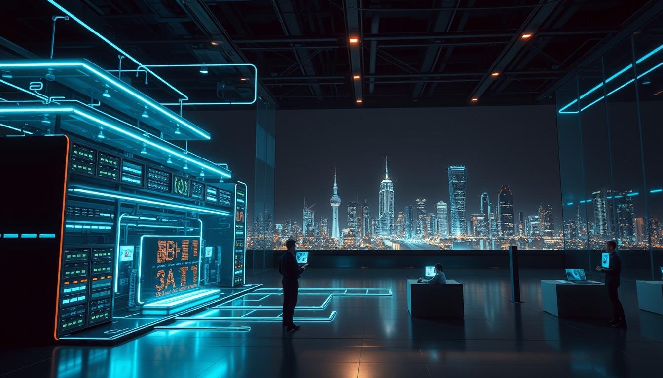 A futuristic, expansive architecture for a cloud-based entertainment platform, titled "3A", prominently displayed in the foreground. The scene includes multiple tiers of servers and data streams represented as glowing lines connecting various components. In the middle ground, visual representations of increased scalability and flexibility, such as multiple users interacting with the platform on various devices, showcasing a seamless experience. The background features a digital skyline, hinting at a tech-oriented future. The atmosphere is sleek and innovative, infused with blue and green lighting suggesting advanced technology. The image is captured from a slightly elevated angle, creating a dynamic view of the architecture in action, emphasizing its modern design and efficiency.