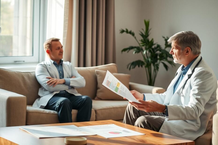 A serene indoor scene depicting a person sitting comfortably on a sofa, focused on a consultation with a healthcare professional. The healthcare provider is explaining treatment options for snoring caused by smoking-related inflammation, using visual aids like charts and diagrams on a coffee table. The room is softly lit, with natural light streaming through a window, creating a calm atmosphere. In the background, a potted plant adds a touch of greenery. Both individuals are dressed in professional attire: the healthcare professional in a white coat, and the patient in smart casual clothing. This image aims to convey hope and solution-based dialogue, highlighting the importance of health awareness and treatment.