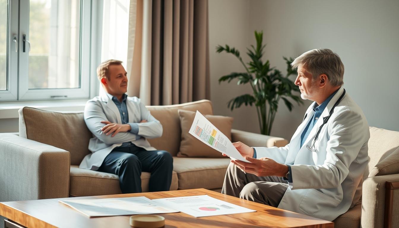 A serene indoor scene depicting a person sitting comfortably on a sofa, focused on a consultation with a healthcare professional. The healthcare provider is explaining treatment options for snoring caused by smoking-related inflammation, using visual aids like charts and diagrams on a coffee table. The room is softly lit, with natural light streaming through a window, creating a calm atmosphere. In the background, a potted plant adds a touch of greenery. Both individuals are dressed in professional attire: the healthcare professional in a white coat, and the patient in smart casual clothing. This image aims to convey hope and solution-based dialogue, highlighting the importance of health awareness and treatment.