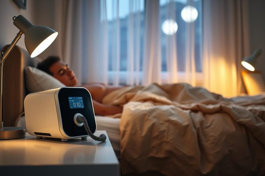 A calmly lit bedroom scene featuring a modern sleep apnea machine resting on a bedside table. In the foreground, an individual in comfortable sleepwear, peacefully asleep, highlighted softly by the gentle glow of a bedside lamp. The middle ground depicts a cozy bed with plush pillows and a warm, inviting blanket, exuding a sense of tranquility. In the background, a window with sheer curtains allows soft moonlight to filter in, casting a serene aura over the room. The atmosphere is peaceful and restful, emphasizing the theme of improved sleep quality, with subtle details hinting at a harmonious environment conducive to sleep.